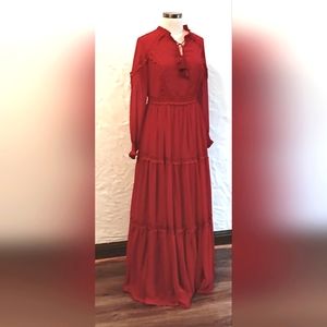 Beautiful red lace and ruffle poof sleeve, prairie peasant dress. Medium. Lilium